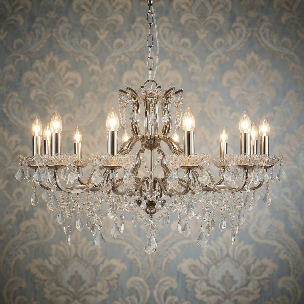 Elegant 12-light silver and crystal French style chandelier with glowing bulbs against blue damask wallpaper.