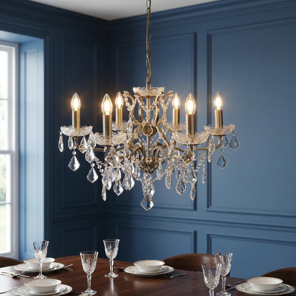 Ornate 6-light brass and crystal chandelier illuminated over a wooden dining table in a room with blue paneled walls.