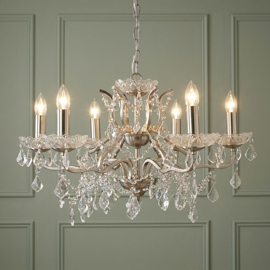 Six-light silver French style chandelier with crystal droplets against a green paneled wall.