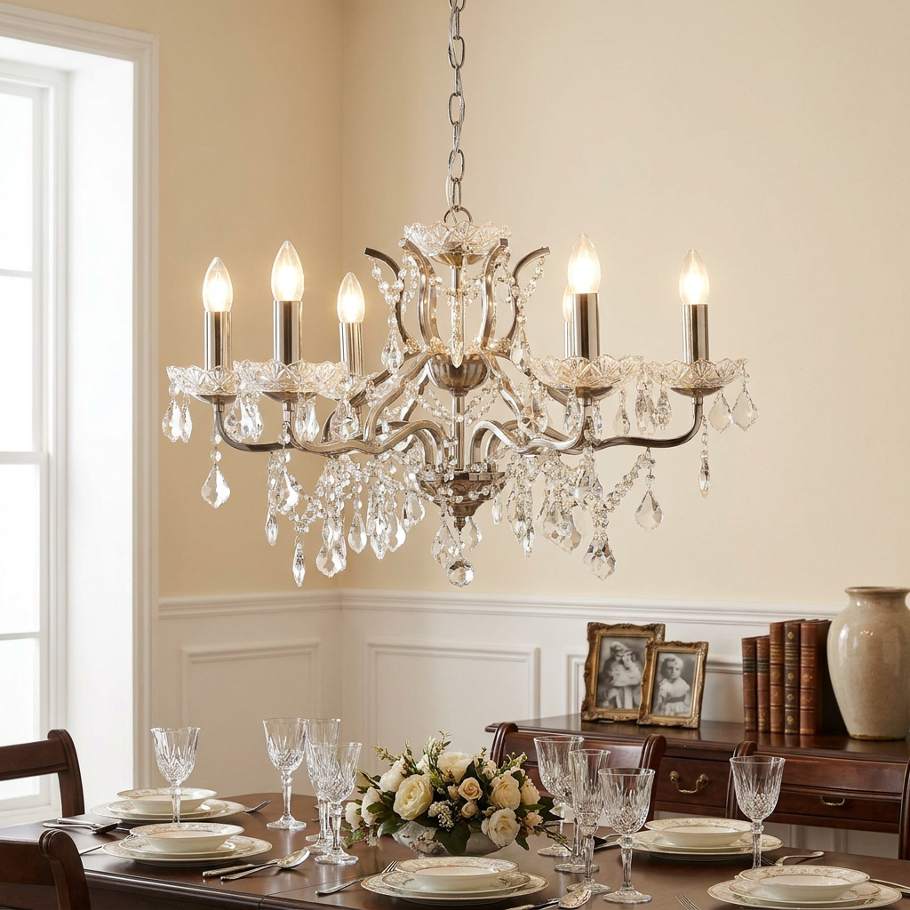 Paris 6-light silver and crystal French-style chandelier hanging over a formally set dining table.