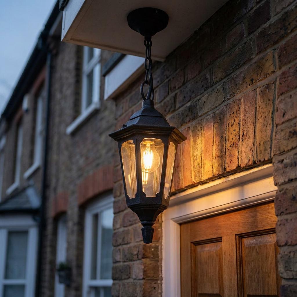 Parish Black Outdoor Chain Lantern illuminated while hanging from an overhang above a wooden front door.