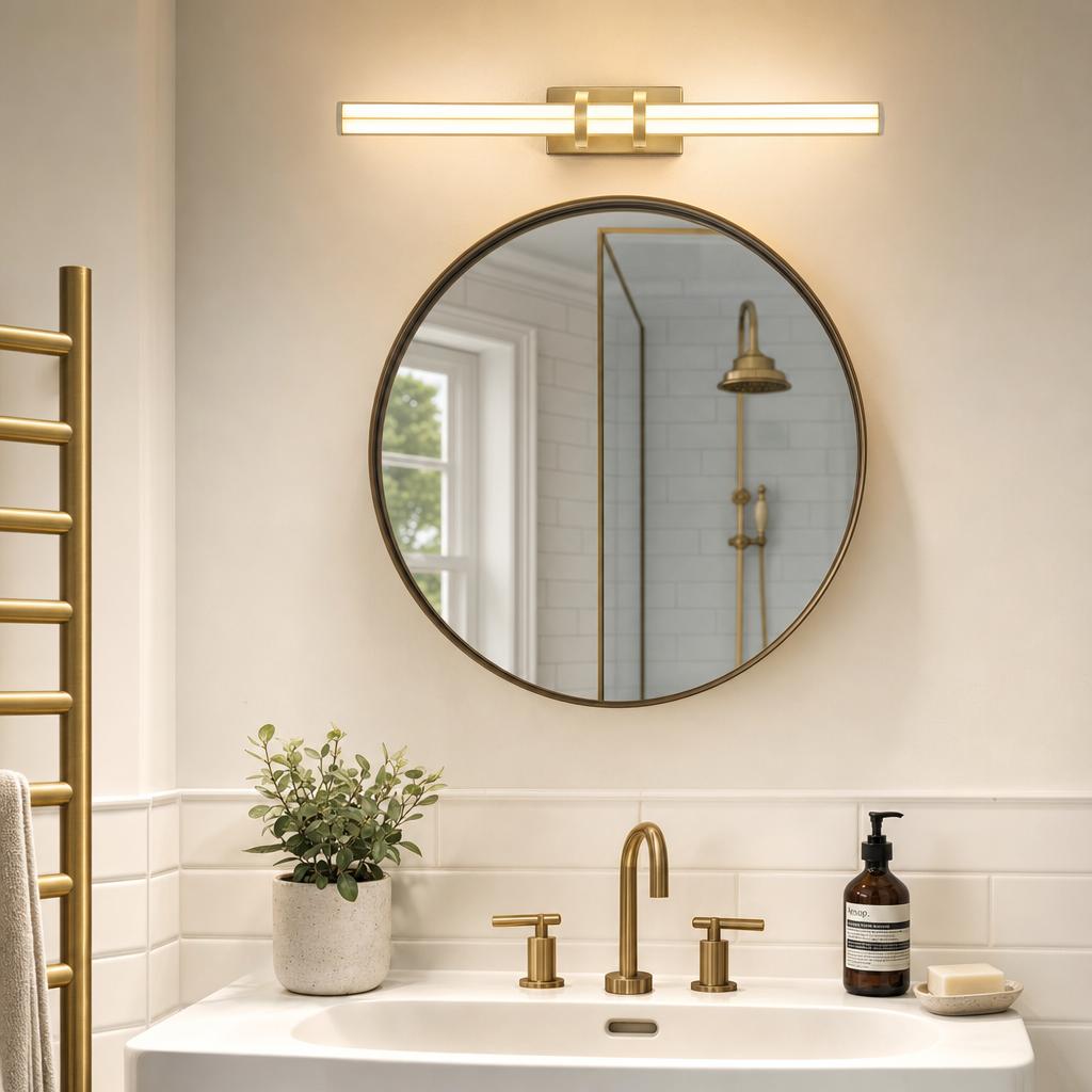 A linear satin brass LED wall light mounted above a round mirror in a modern bathroom vanity area.