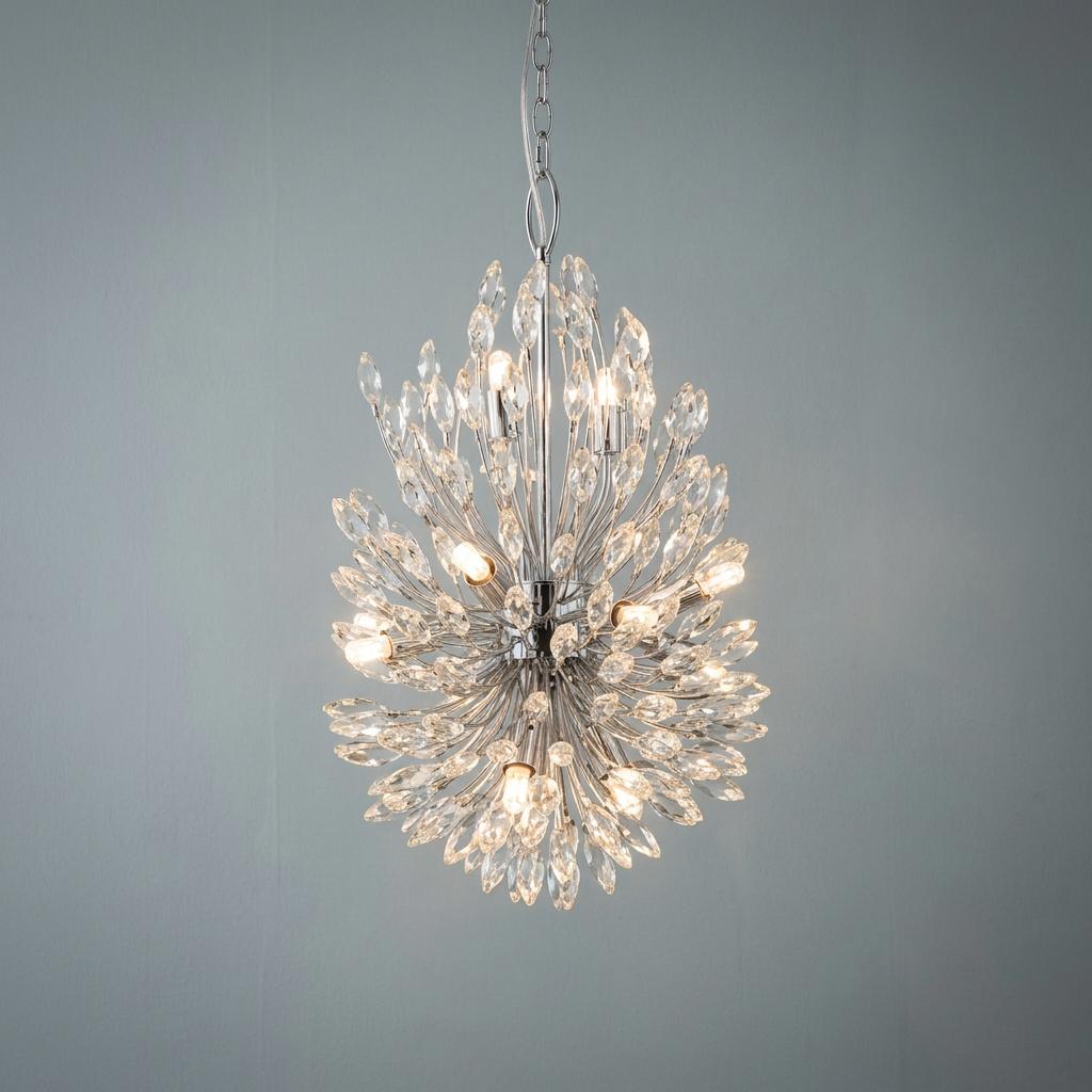 Peacock 14 light crystal and chrome ceiling pendant with a radial, burst-like design against a grey background.