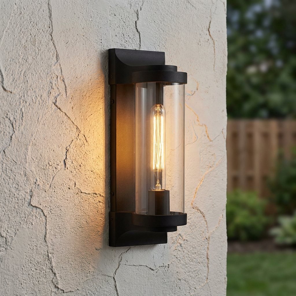 Pearson black outdoor wall lantern with clear cylindrical glass and a glowing Edison bulb on a textured wall.