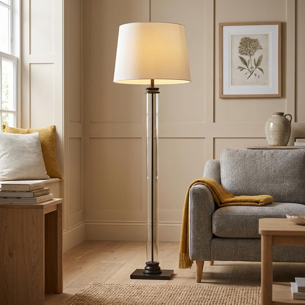 Modern floor lamp with a clear glass cylindrical body and fabric drum shade in a cozy, neutral living room.