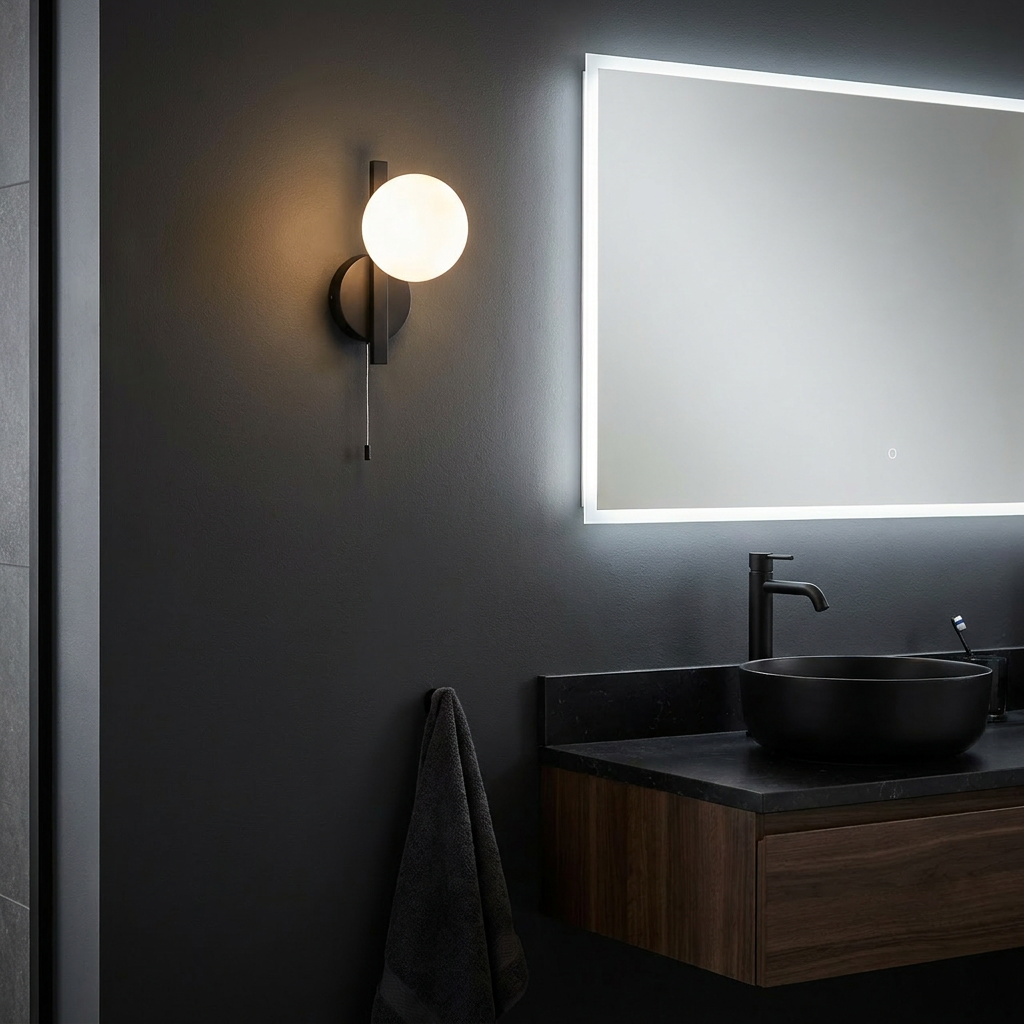 Modern black wall light with an opal glass globe and pull cord mounted in a dark minimalist bathroom.