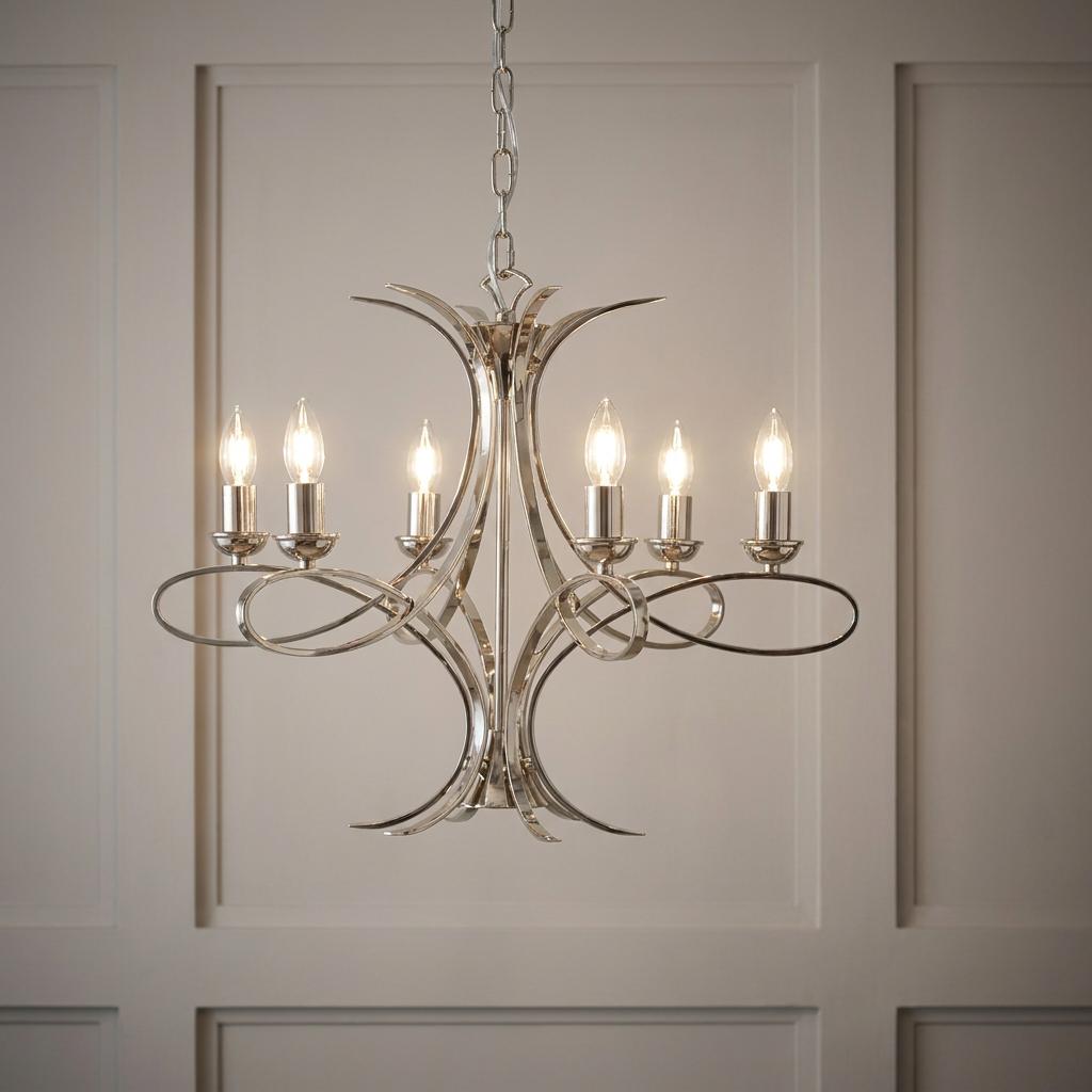 Penn 6-light polished nickel chandelier with elegant curved arms and lit bulbs against a neutral paneled wall.