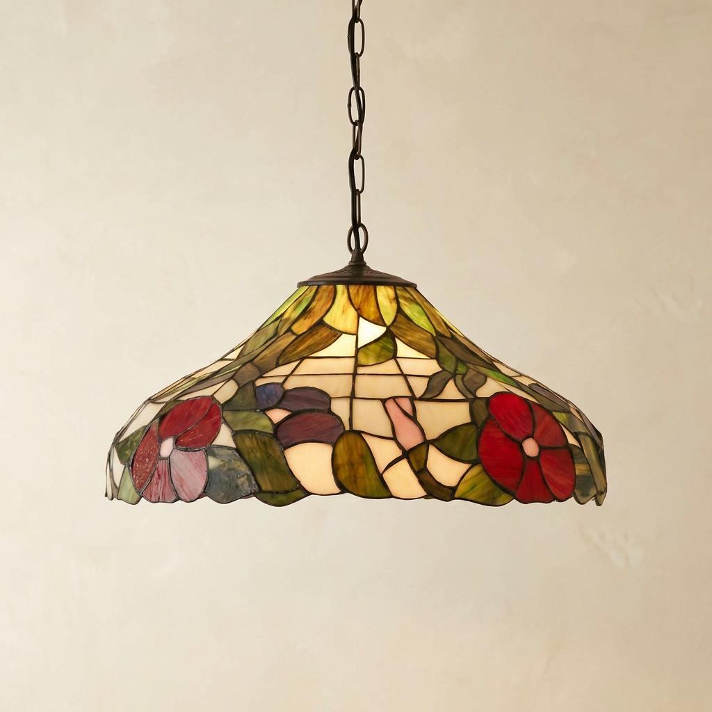 Tiffany pendant light with a floral stained glass shade featuring red peonies, hanging from a dark chain.