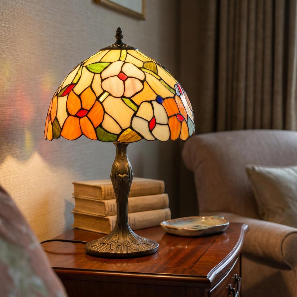 A Petunia Tiffany lamp with a floral stained glass shade glows on a wooden side table next to stacked books.