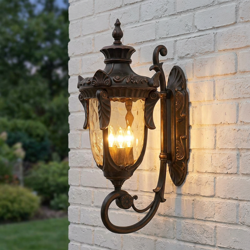 Ornate old bronze outdoor wall lantern with hammered glass panels illuminated on a white brick wall.