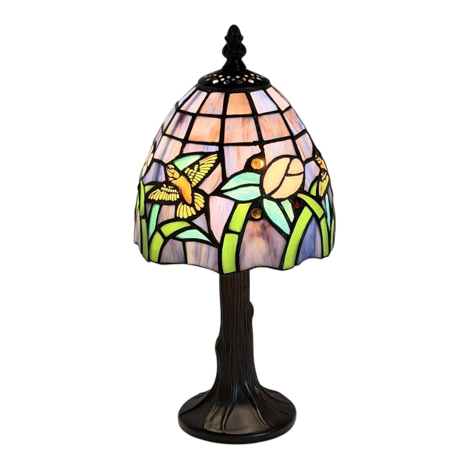 Stained glass table lamp with floral design on a white background