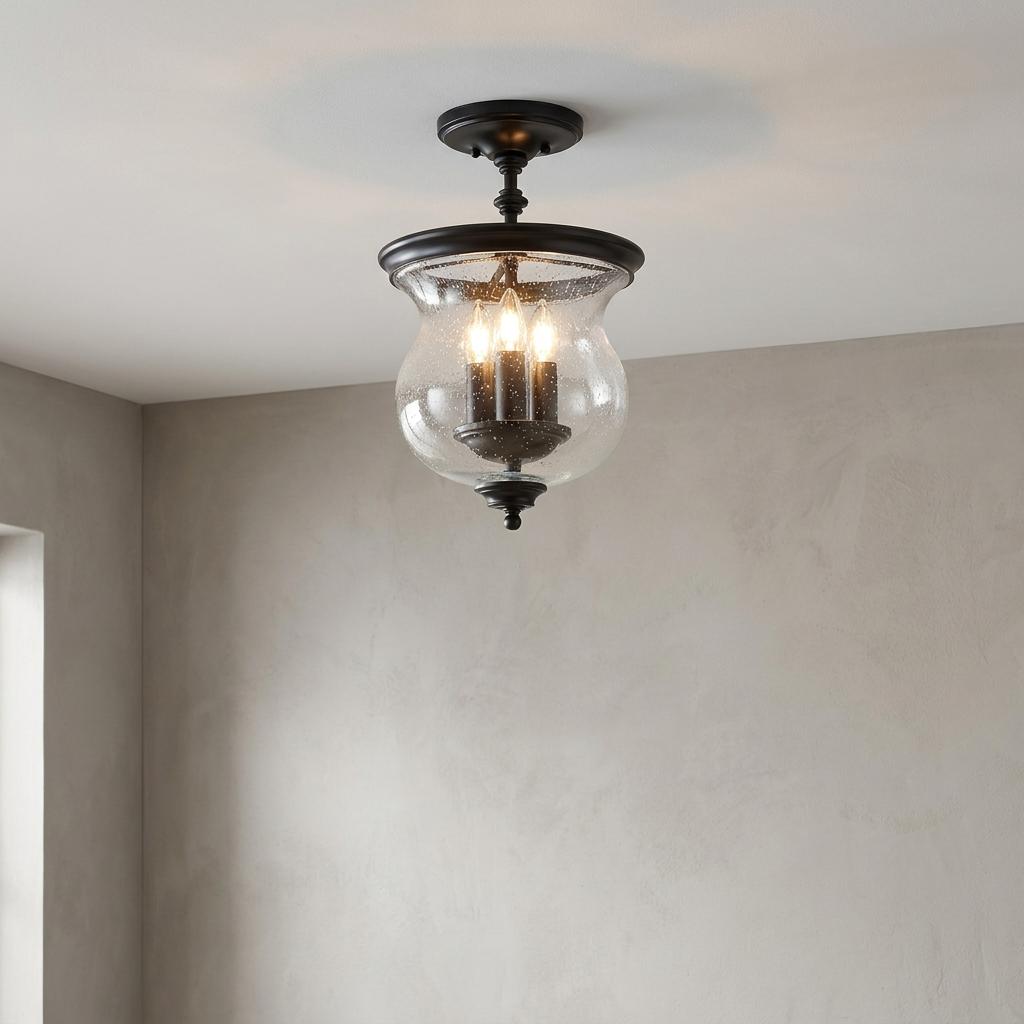 Pickering Lane 3-light semi-flush ceiling light with black hardware and a seeded glass urn shade.