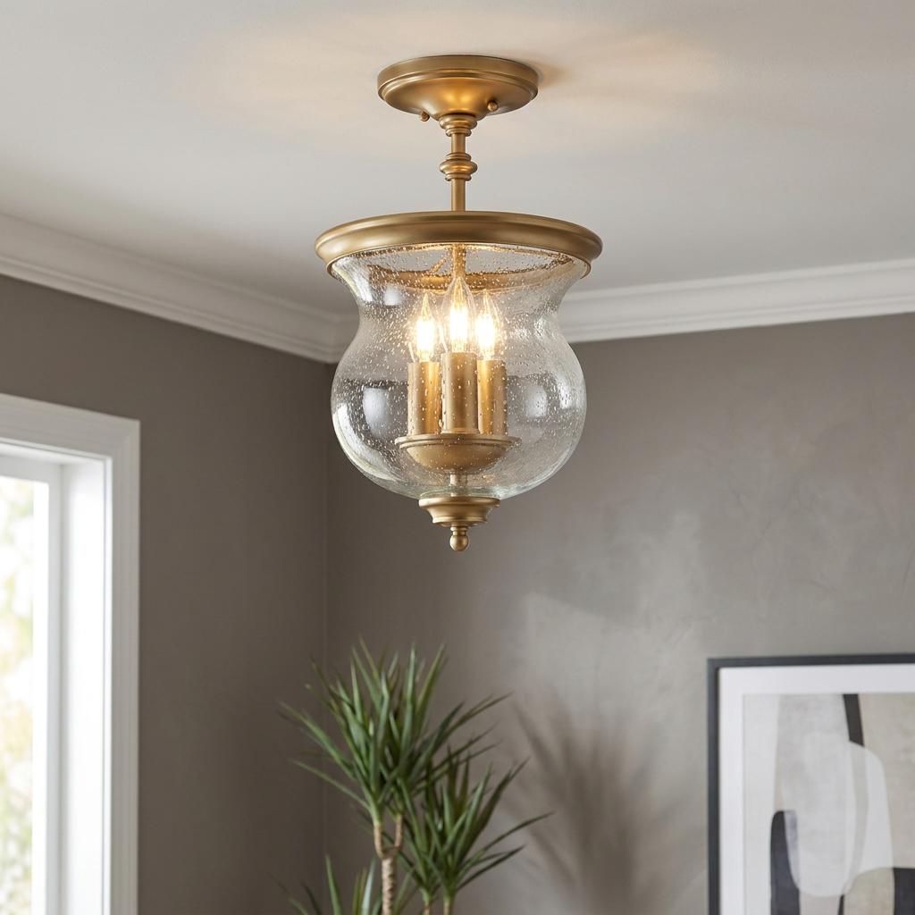 Pickering Lane 3-light semi-flush ceiling light in natural brass with seeded glass shade in a neutral room.