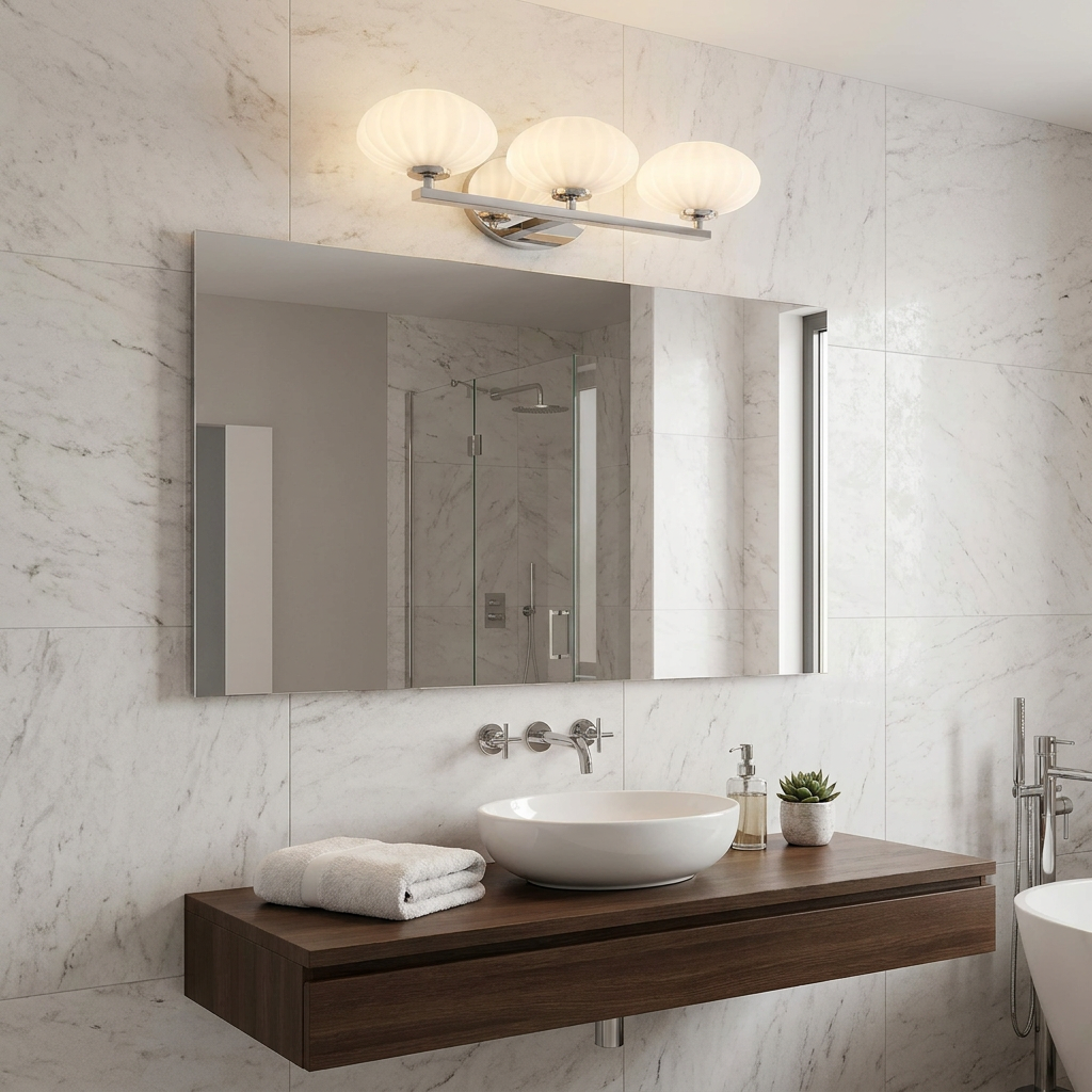 A three-light polished chrome vanity light with ribbed opal glass shades mounted above a bathroom mirror.