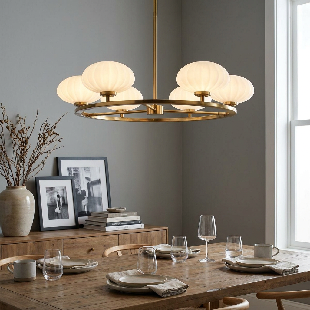 Pim 5-light gold chandelier with ribbed glass shades hanging over a wooden dining table in a contemporary room.