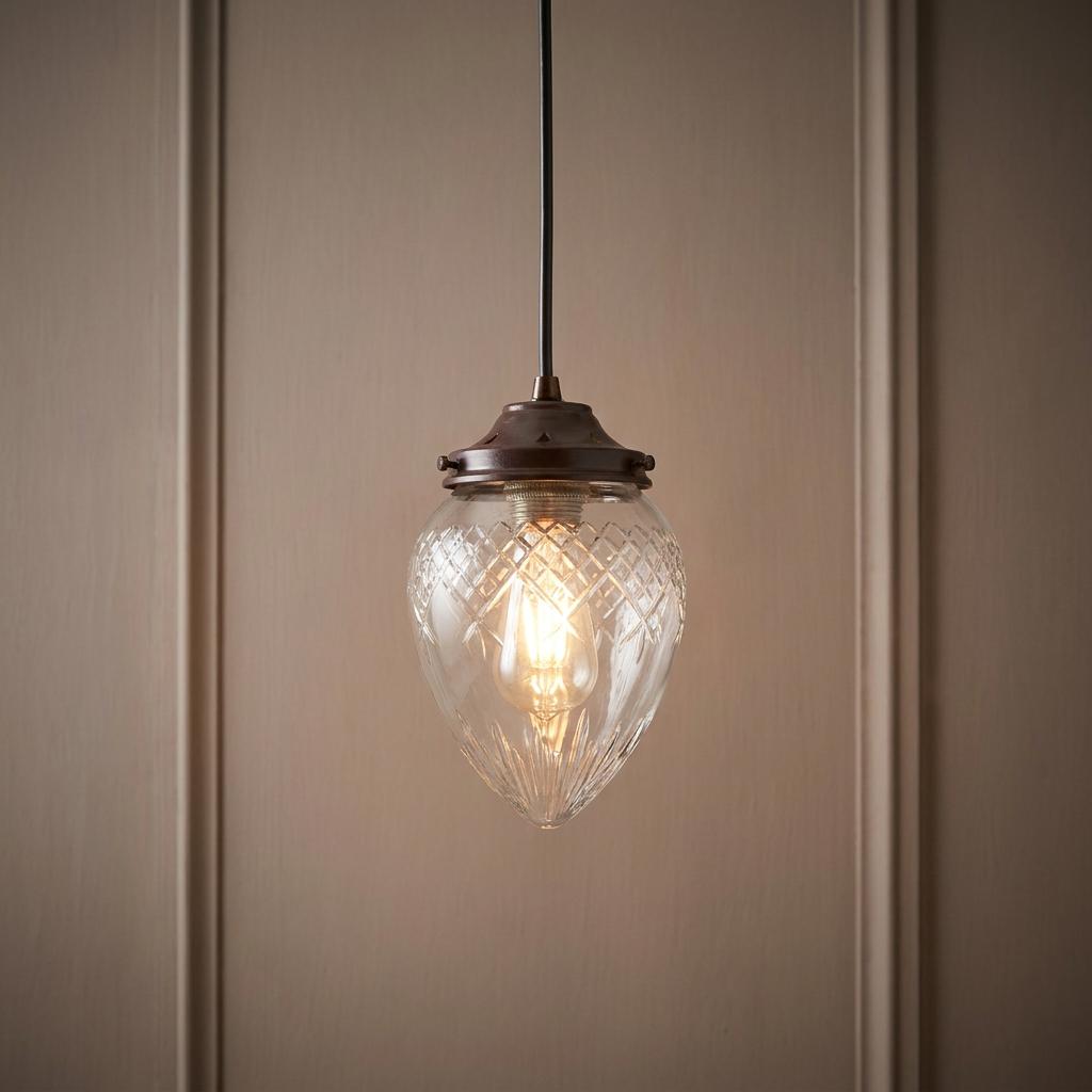 Illuminated acorn-shaped cut glass pendant light with a dark bronze fixture against a neutral paneled wall.