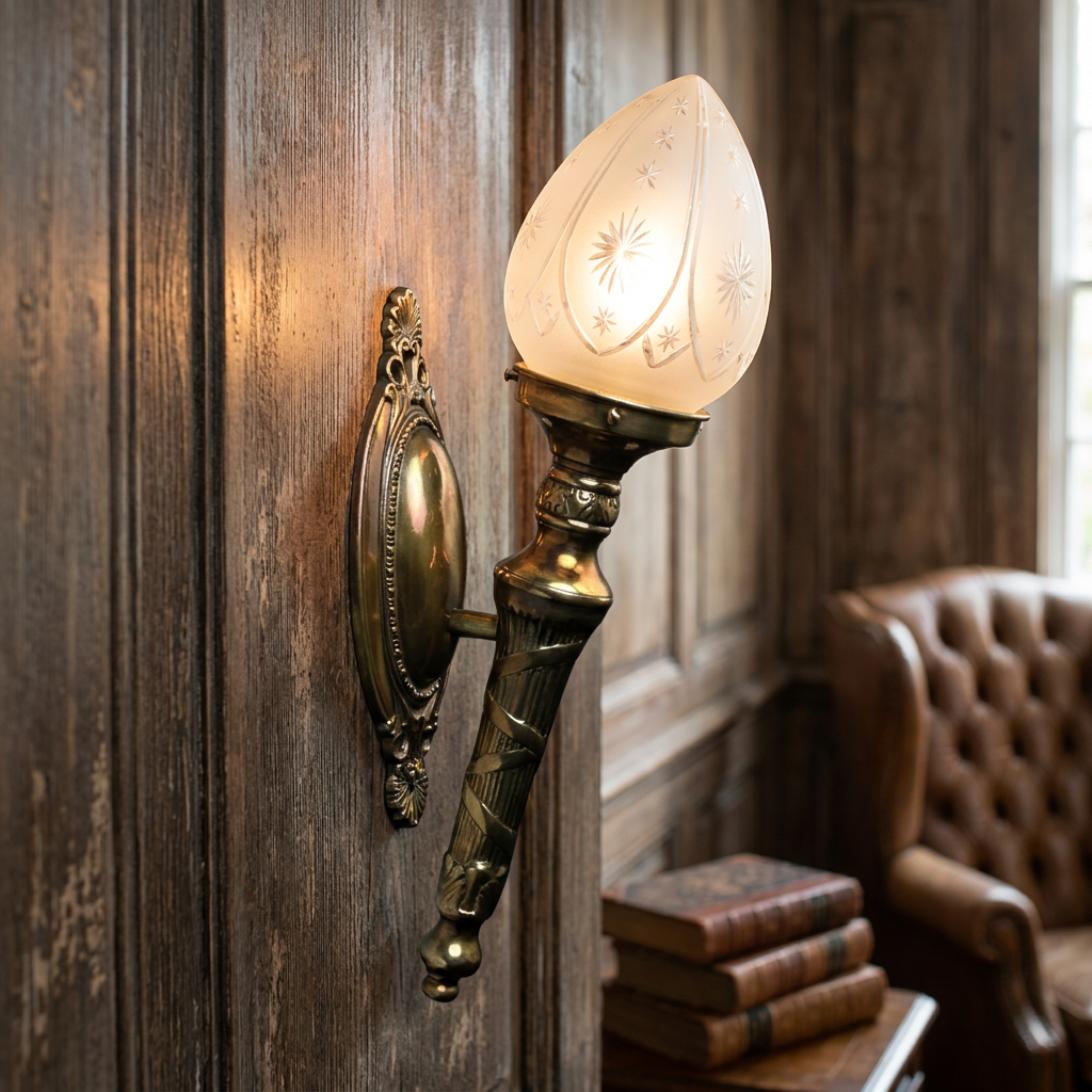 Brass torch wall light with a star-patterned frosted shade mounted on dark wood paneling.