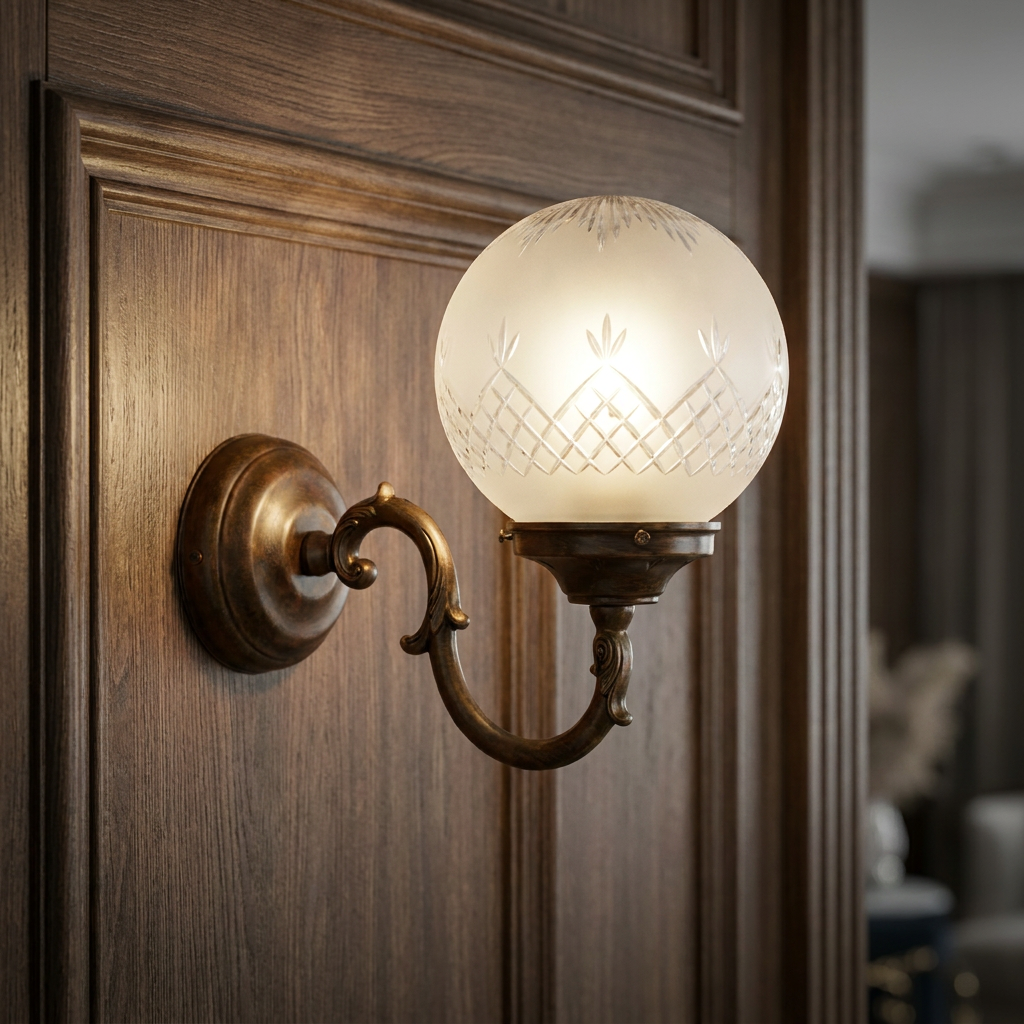 Pinestar Globe antique bronze wall light with frosted glass shade on wood paneling.