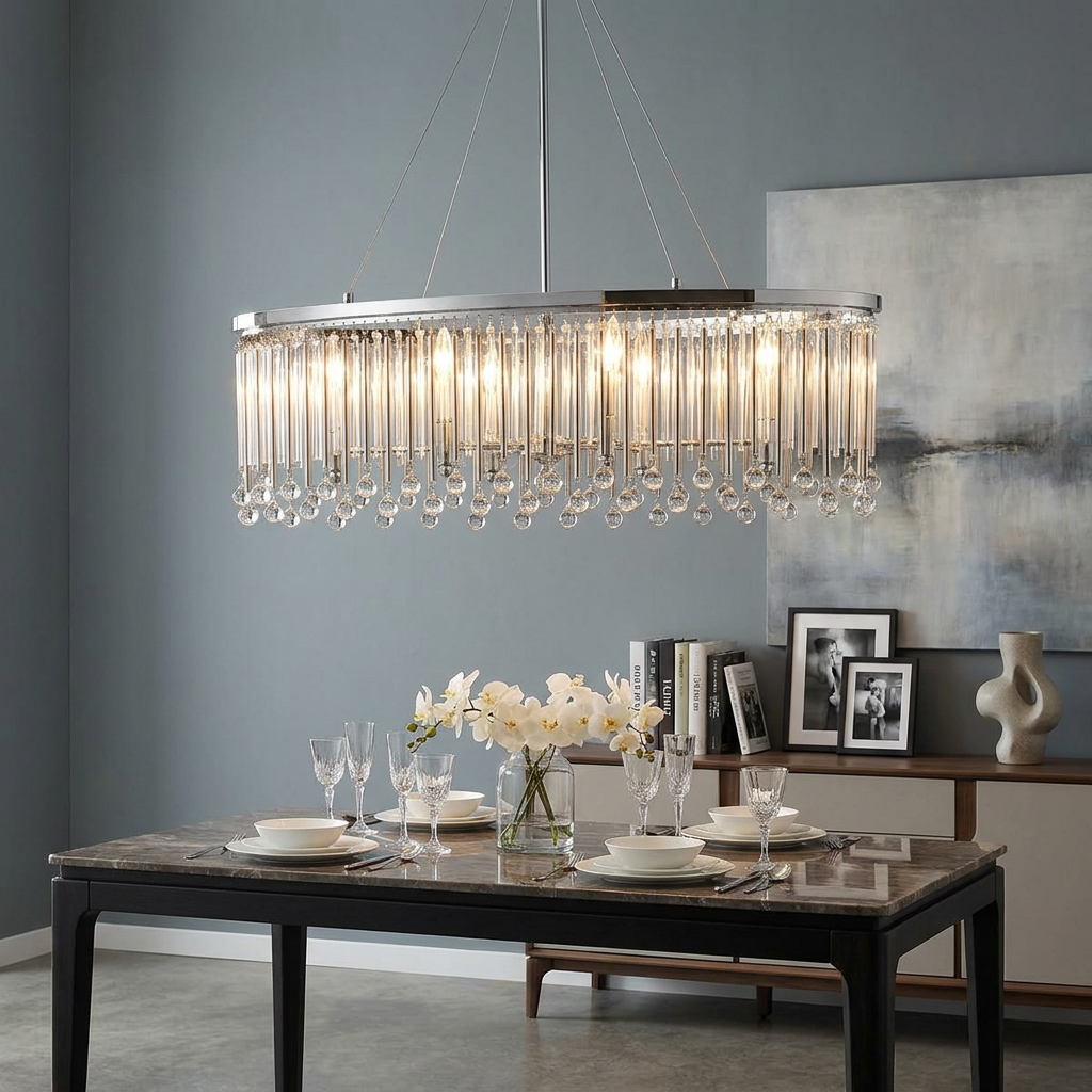 Piper 6-light oval chrome chandelier with glass rods and crystal drops hanging over a modern dining table.