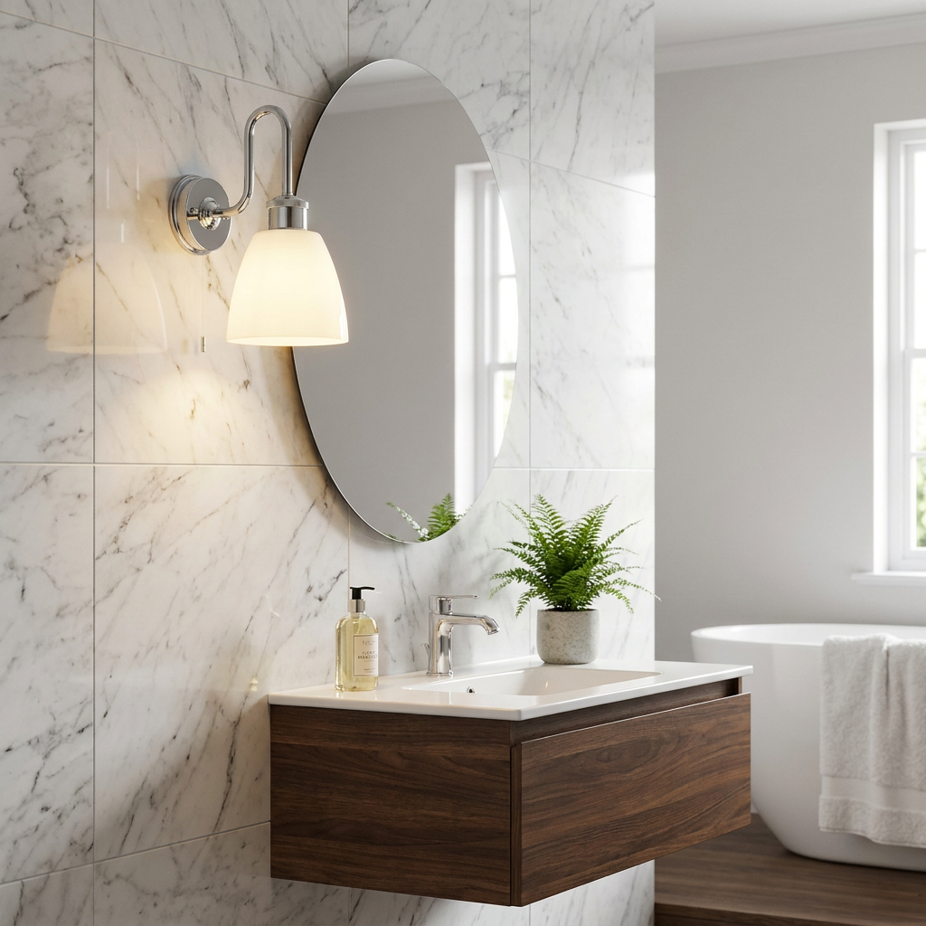 Chrome bathroom wall light with an opal shade mounted on marble tile beside an oval mirror.