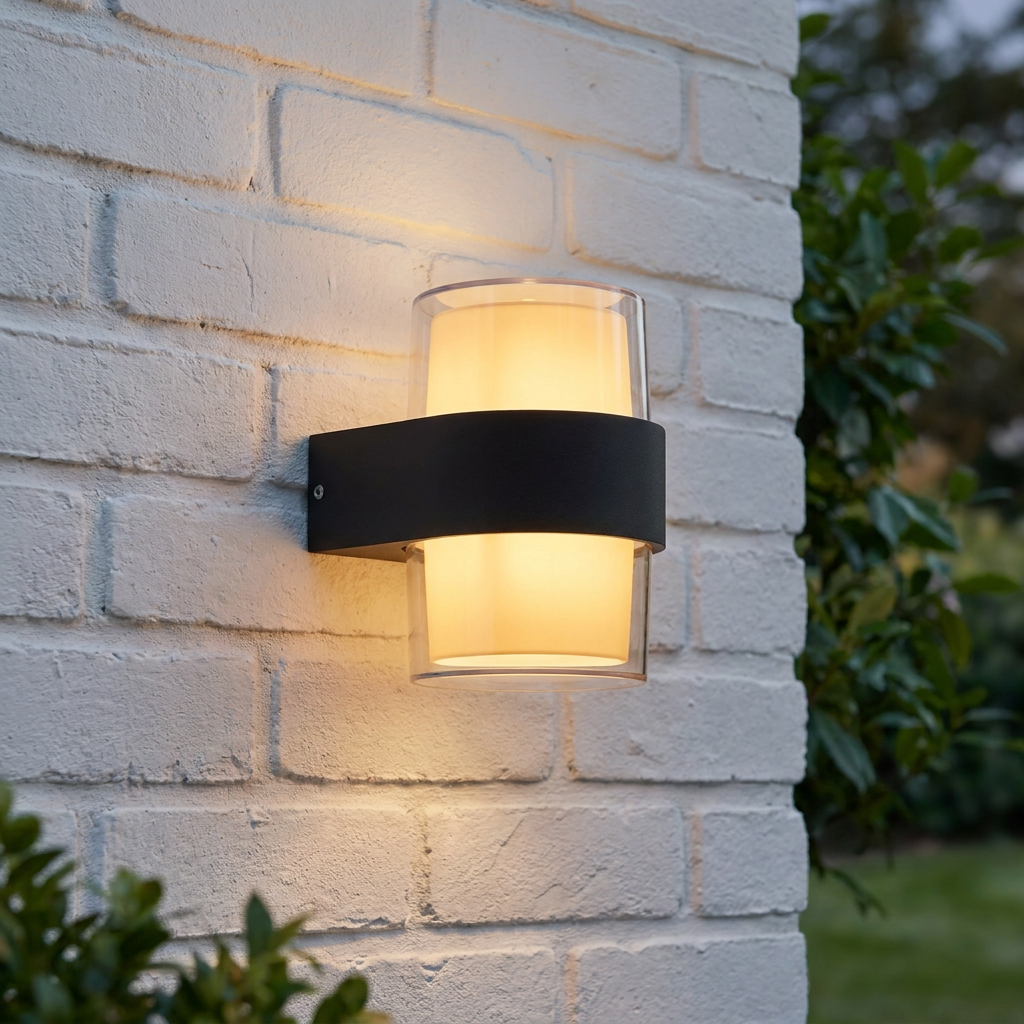 Modern black outdoor wall light with glass cylinder and warm glow, mounted on a white brick wall.