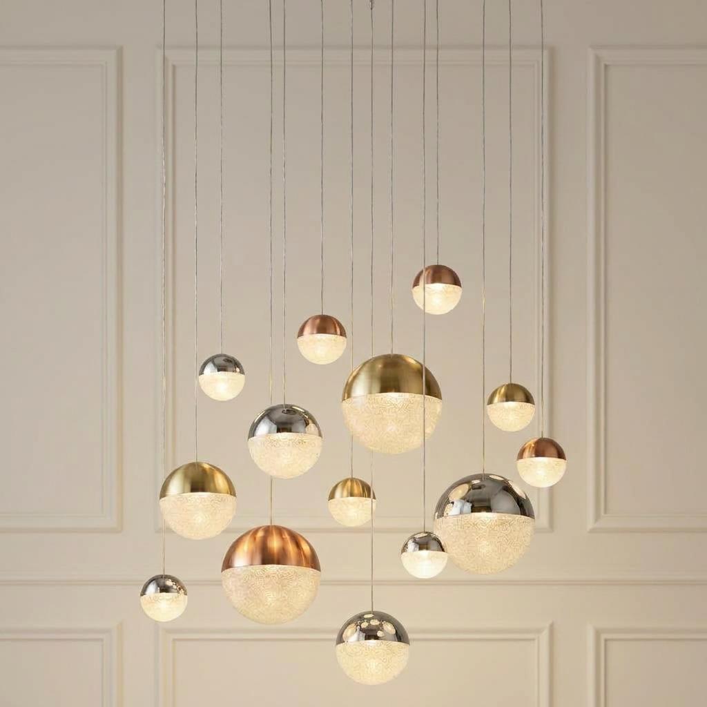 14-light multi-drop LED pendant with chrome, copper, and brass spheres hanging against a paneled wall.
