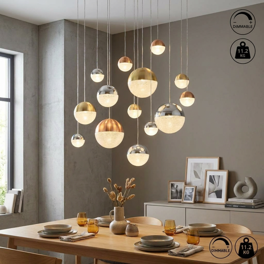 Planets 14 light multi-drop LED pendant with mixed chrome, copper, and brass globes hanging over a modern dining table.