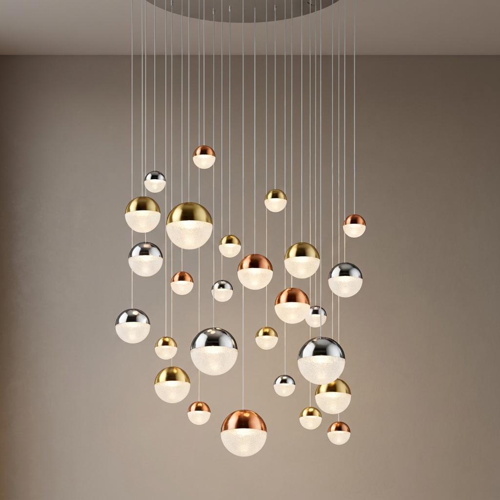 Modern 27-light multi-drop LED pendant featuring chrome, copper, and brass metallic spheres with frosted glass.