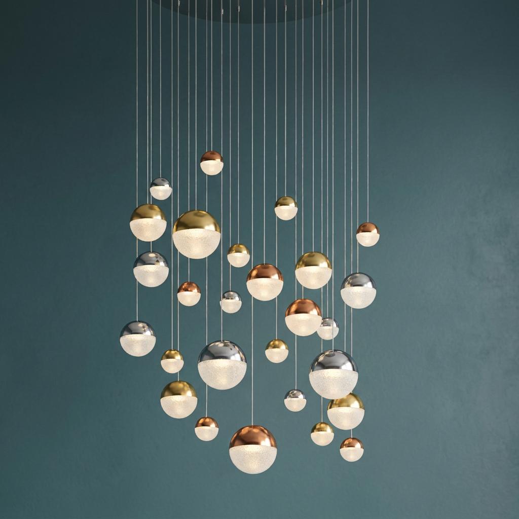 Chrome, copper, and brass spherical LED pendants hanging at various heights against a dark teal background.