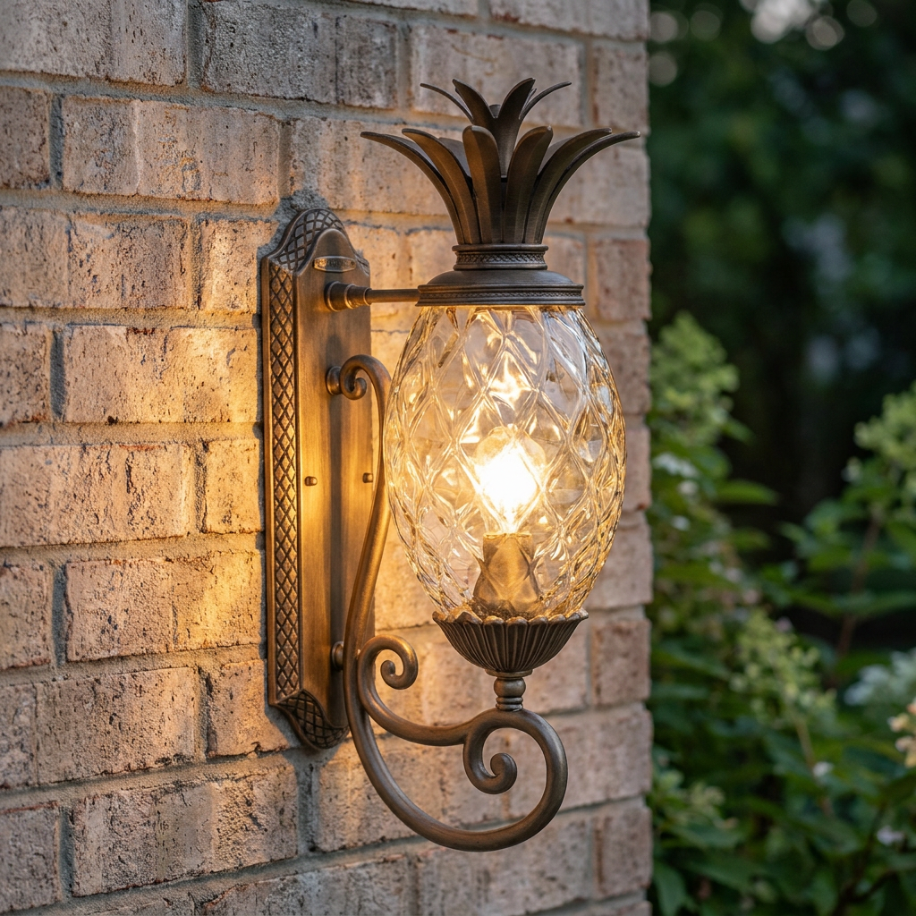 Bronze pineapple-shaped outdoor wall lantern with textured glass, glowing warmly on a rustic brick wall.
