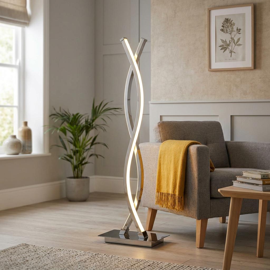 Platt Modern Chrome LED Floor Lamp with a twisted helix design standing beside a grey armchair in a bright living room.