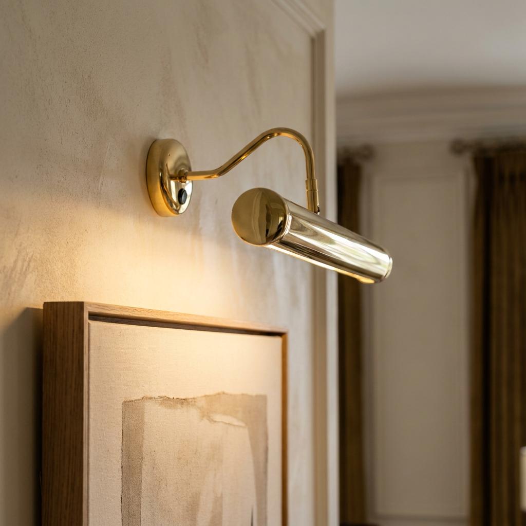 Polished brass picture light with a curved arm casting warm light over a framed artwork on a neutral wall.