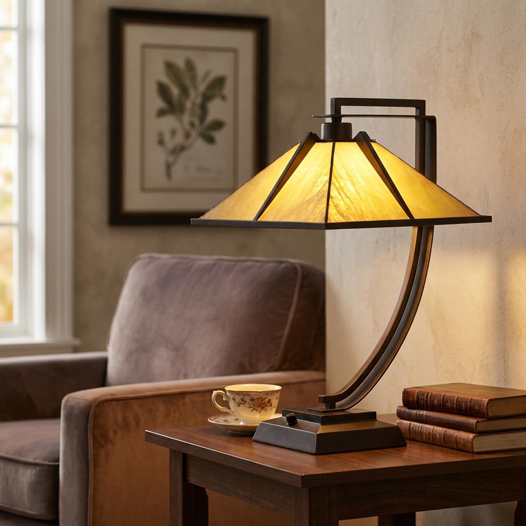 Mission-style Pomeroy Tiffany table lamp with amber glass shade on a wooden table beside a lounge chair.