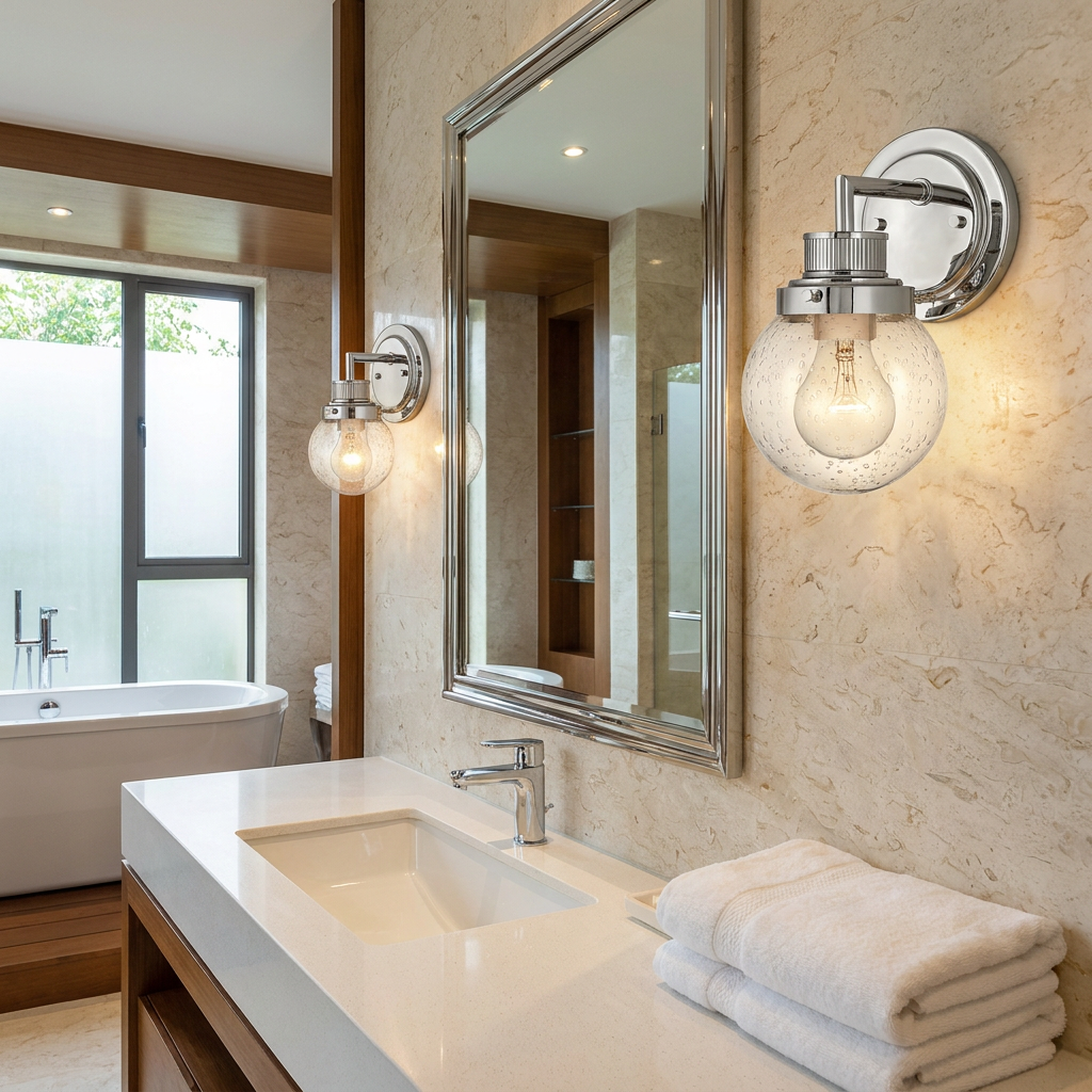 Two polished chrome wall lights with seeded glass globes illuminate a marble bathroom vanity and mirror.