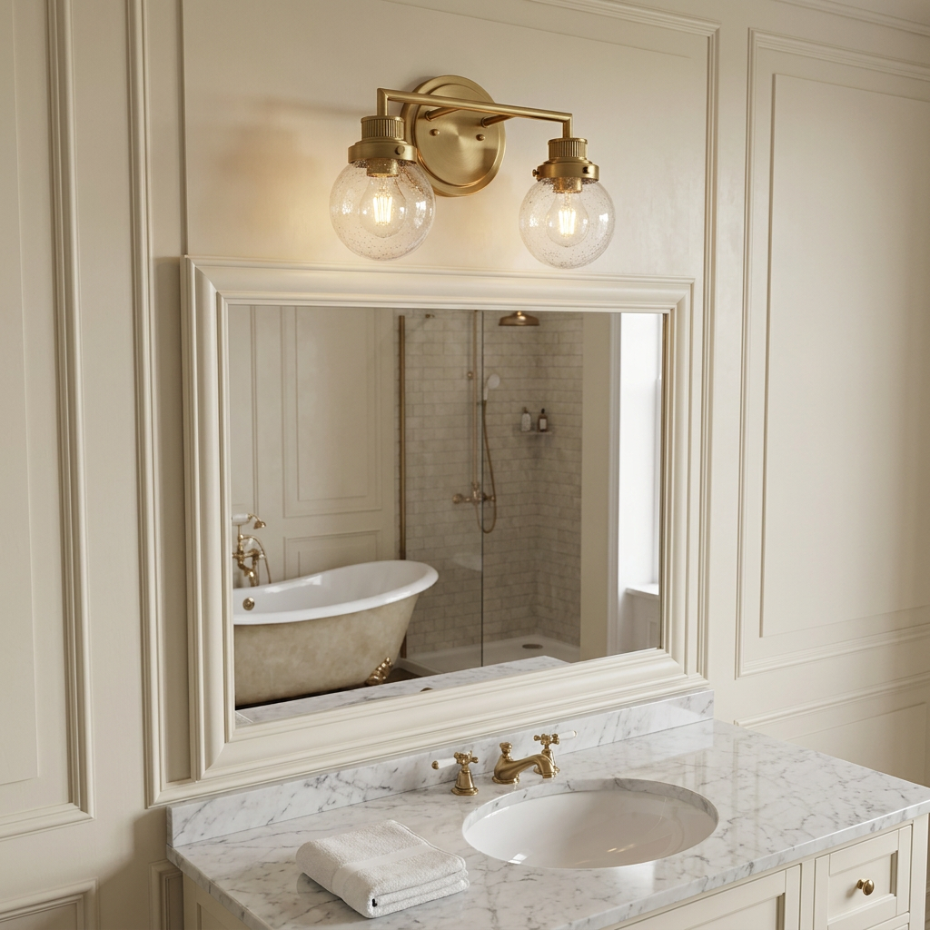 A two-light brass bathroom wall light with seeded glass globes mounted above a mirror in an elegant bathroom.