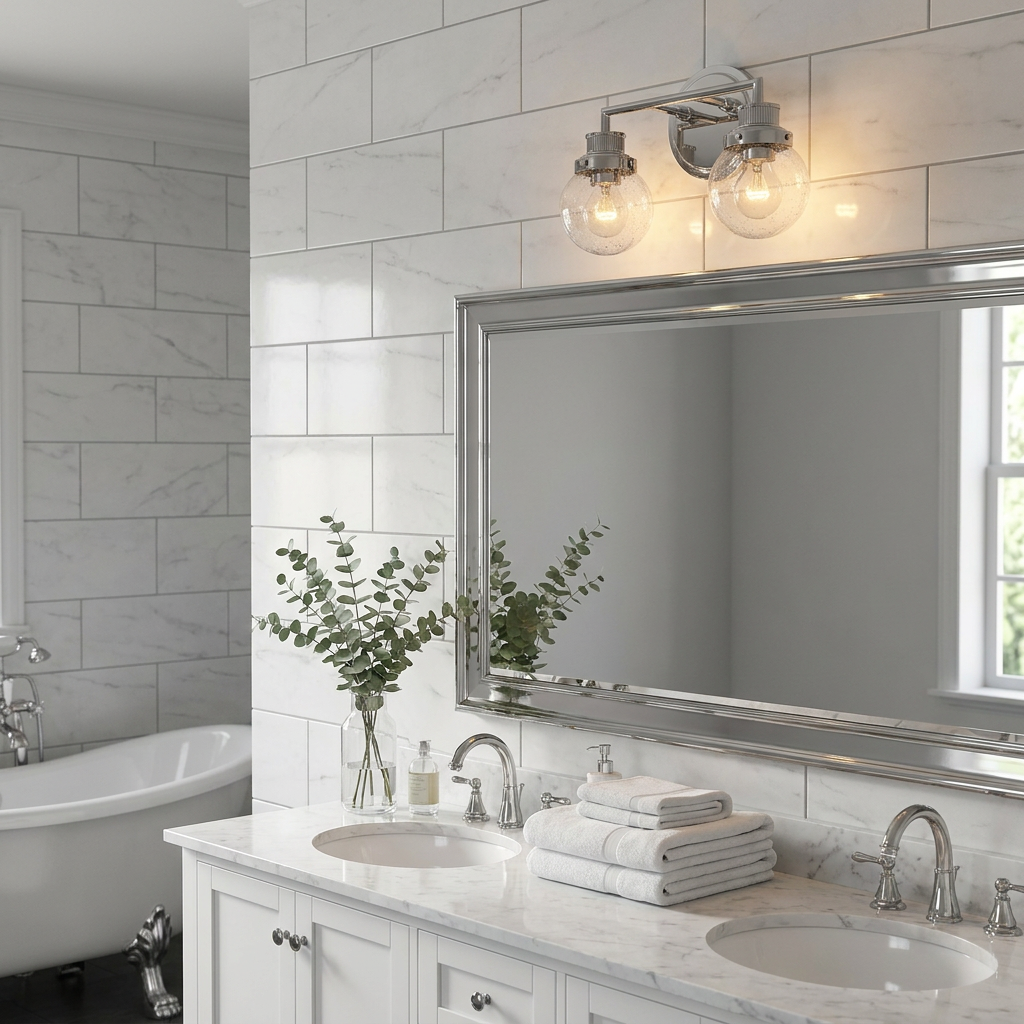 Polished chrome bathroom wall light with two clear seeded glass globes mounted above a large silver-framed mirror.