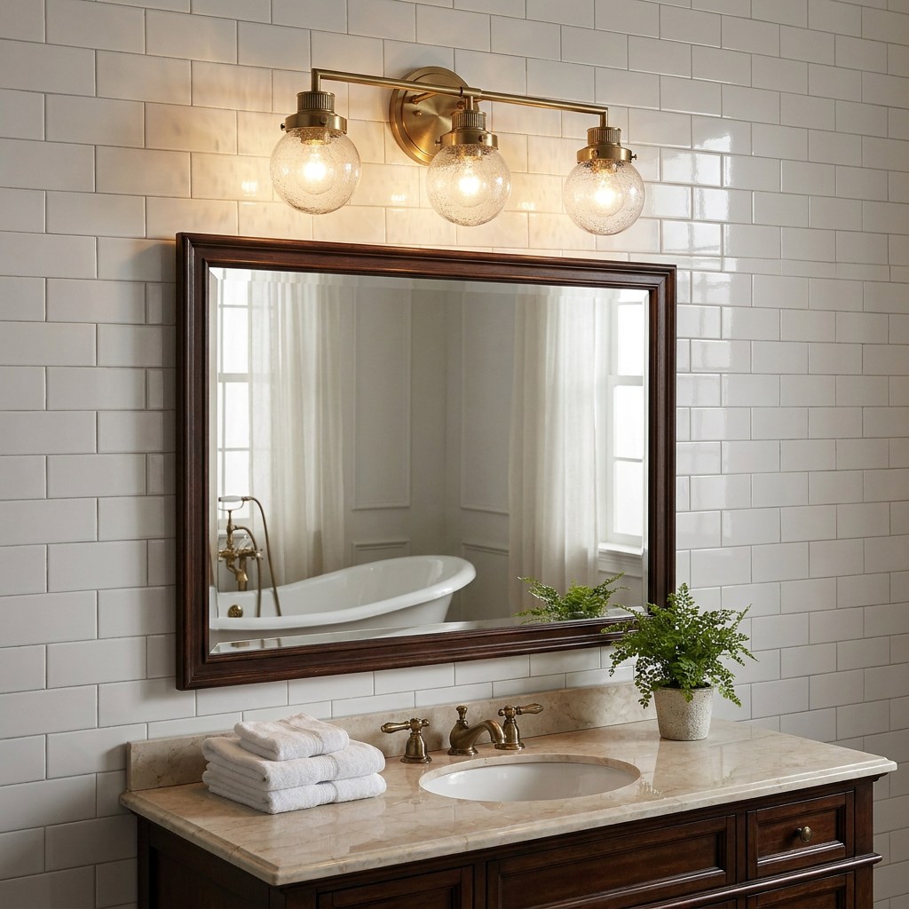 Three-light brass wall fixture with seeded glass globes mounted above a dark wood mirror in a white-tiled bathroom.