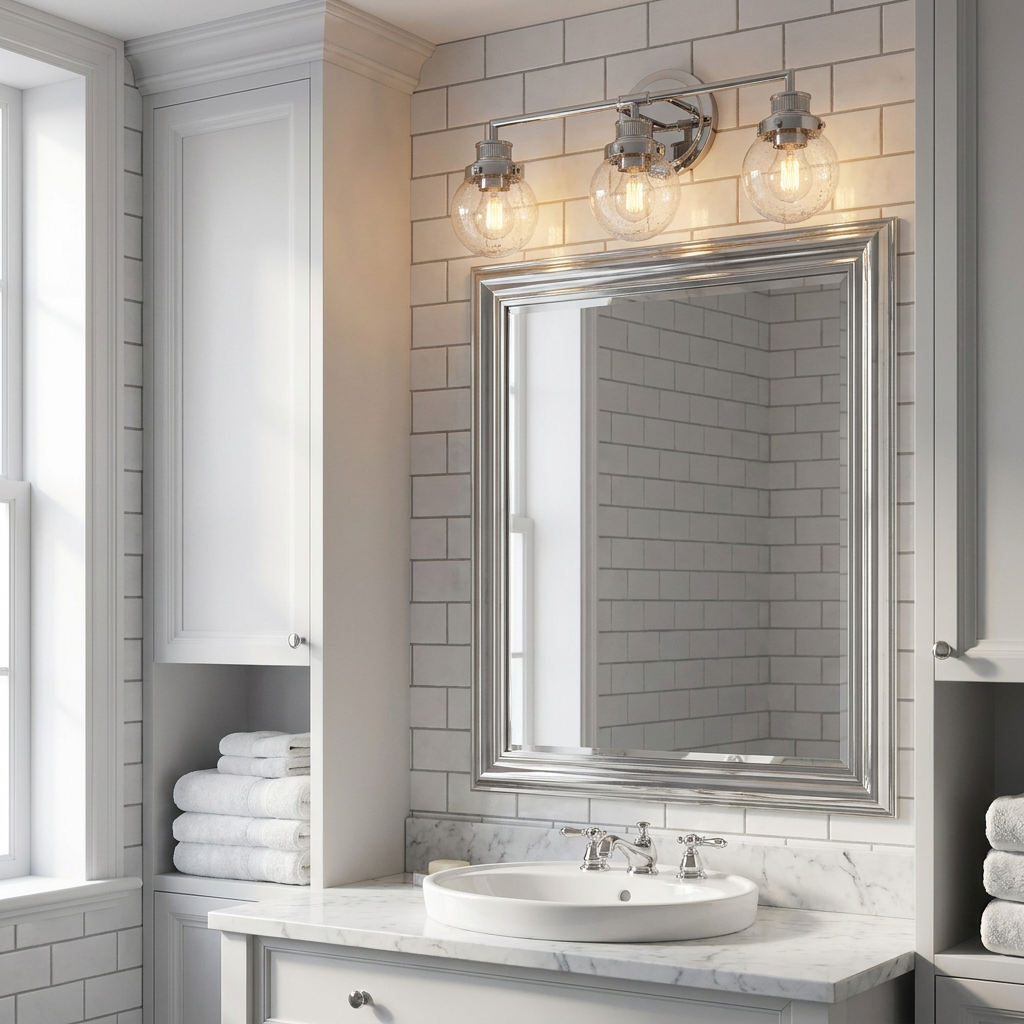 Poppy 3-light polished chrome vanity light with seeded glass globes above a mirror in a tiled bathroom.