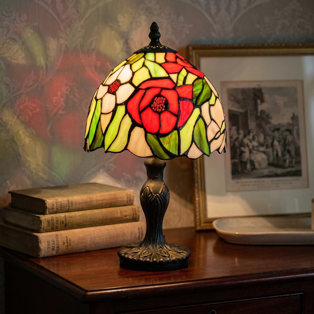 Lit Poppy Tiffany bedside lamp with a floral stained glass shade on a wooden table next to vintage books.