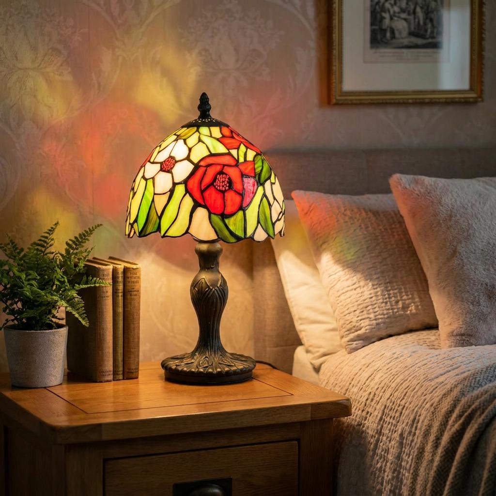 Poppy Tiffany bedside lamp with a stained glass floral shade on a wooden nightstand in a cozy bedroom setting.