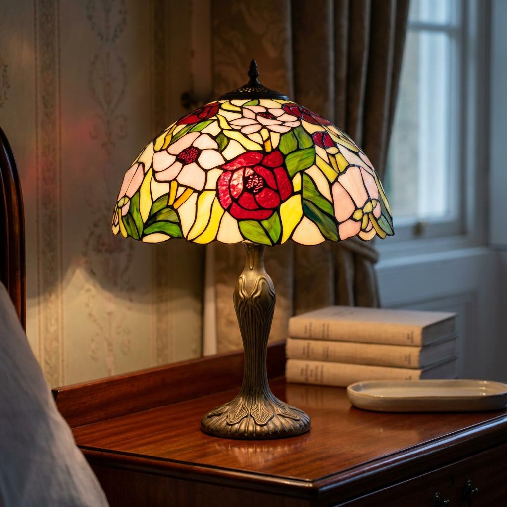 Poppy Tiffany table lamp with a floral stained glass shade sits on a wooden bedside table next to a stack of books.