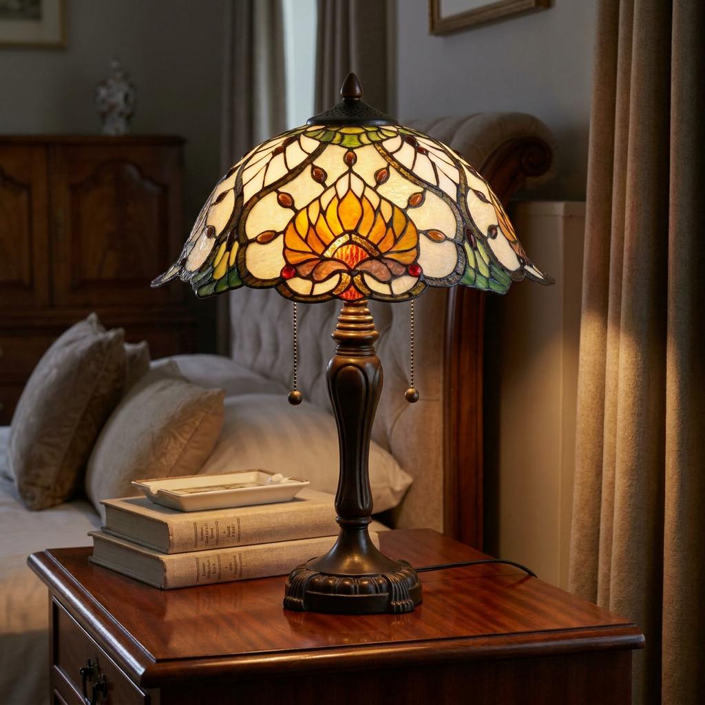 Portsmouth Tiffany table lamp with an ornate stained glass shade on a wooden nightstand in a bedroom setting.