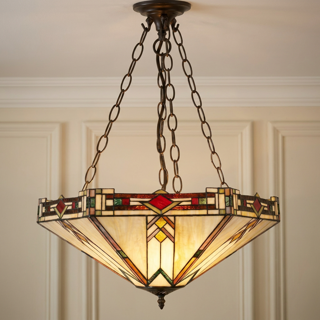Prairie Inverted Tiffany Ceiling Light with a mission style stained glass shade hanging from bronze chains.