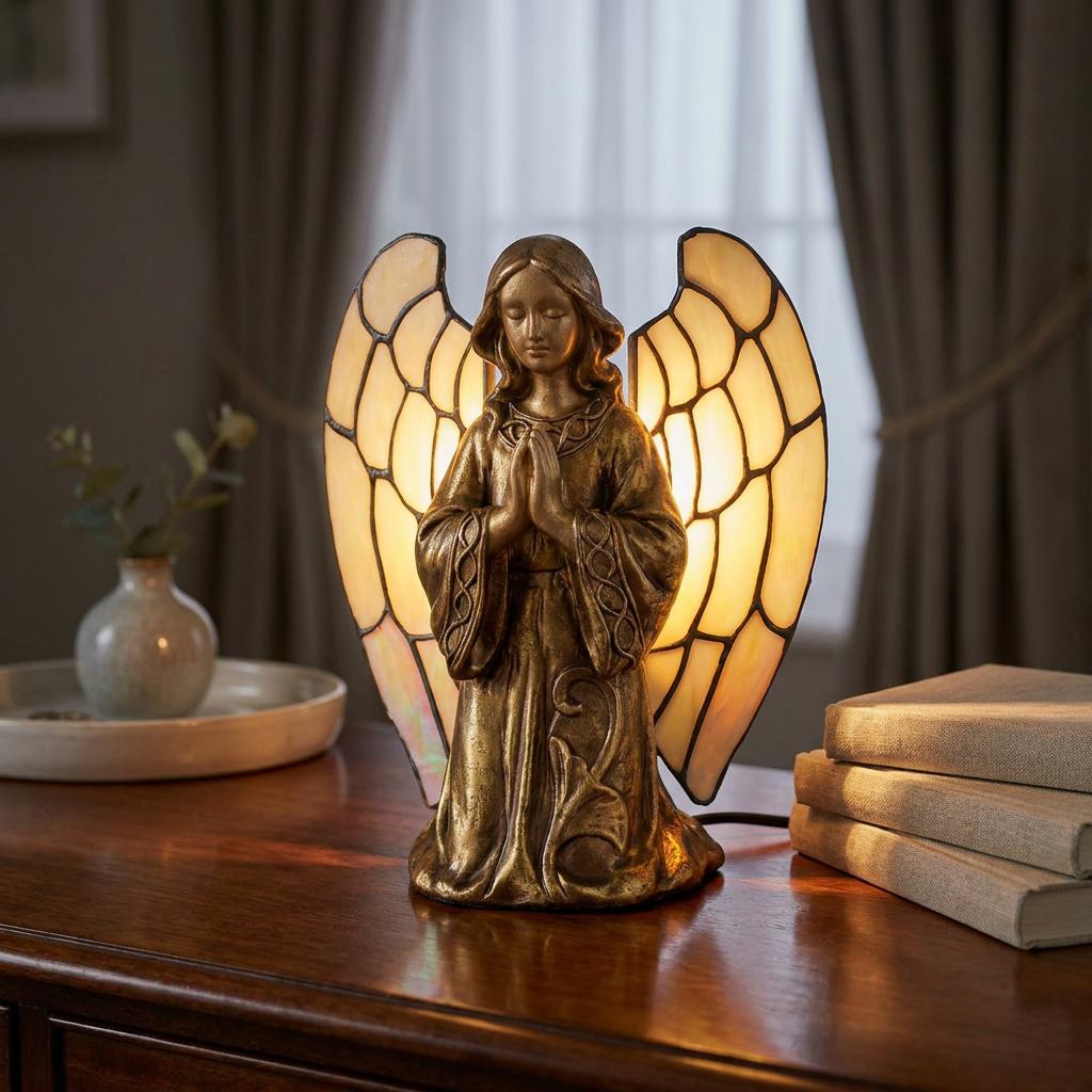 Praying angel table lamp with glowing Tiffany glass wings on a wooden desk beside books.