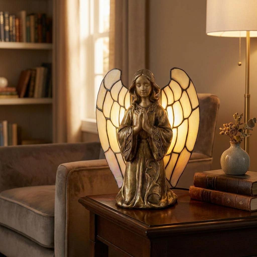 Praying angel table lamp with illuminated Tiffany-style stained glass wings on a wooden side table in a cozy room.
