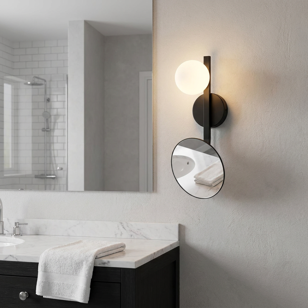 Modern black bathroom wall light with a glowing frosted globe and an attached circular mirror.
