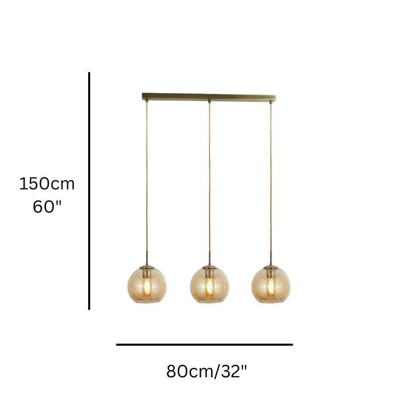 Balls 3 Light Brass Bar Pendant With Amber Glass Shades