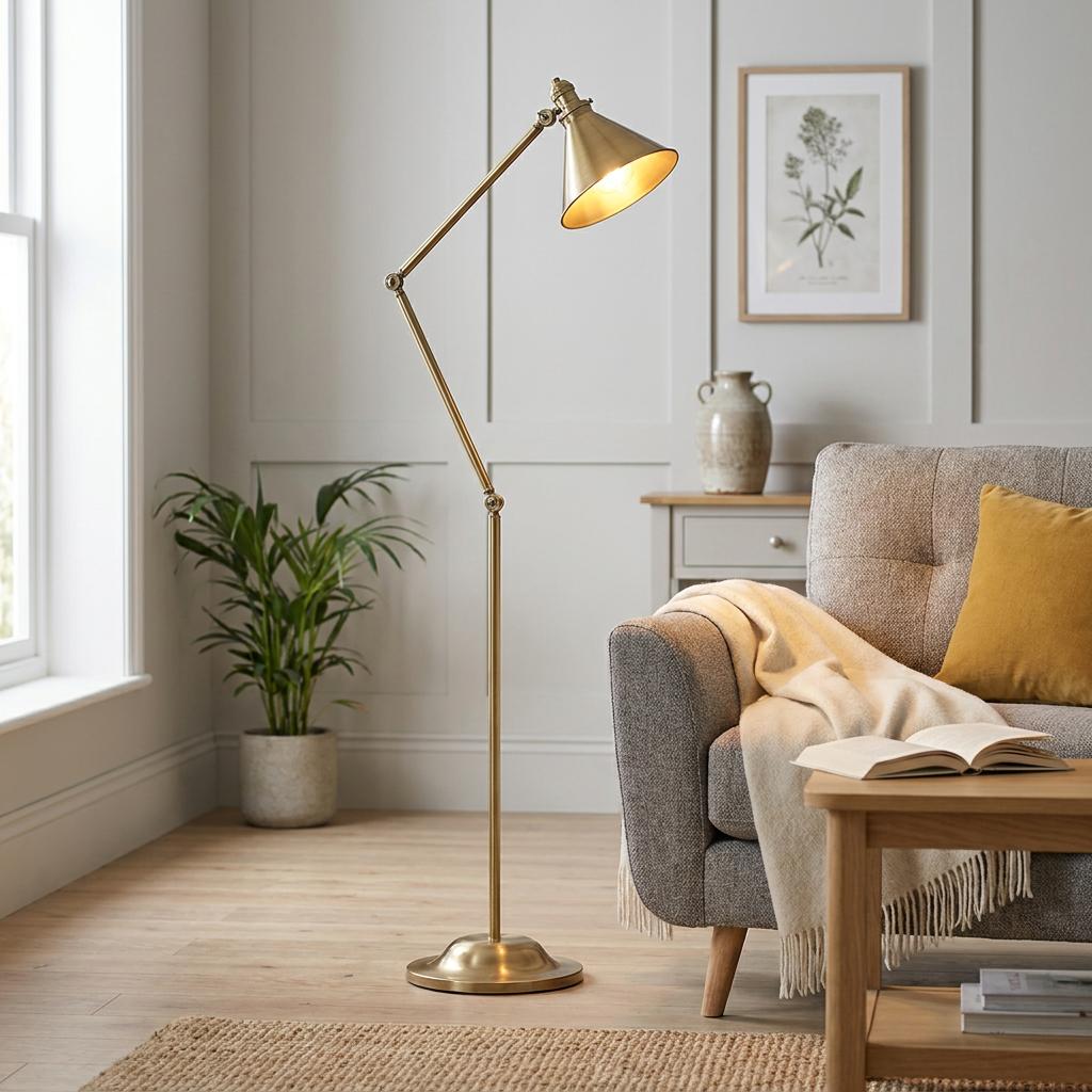 An adjustable aged brass floor lamp illuminates a cozy living room corner featuring a grey sofa and a potted plant.