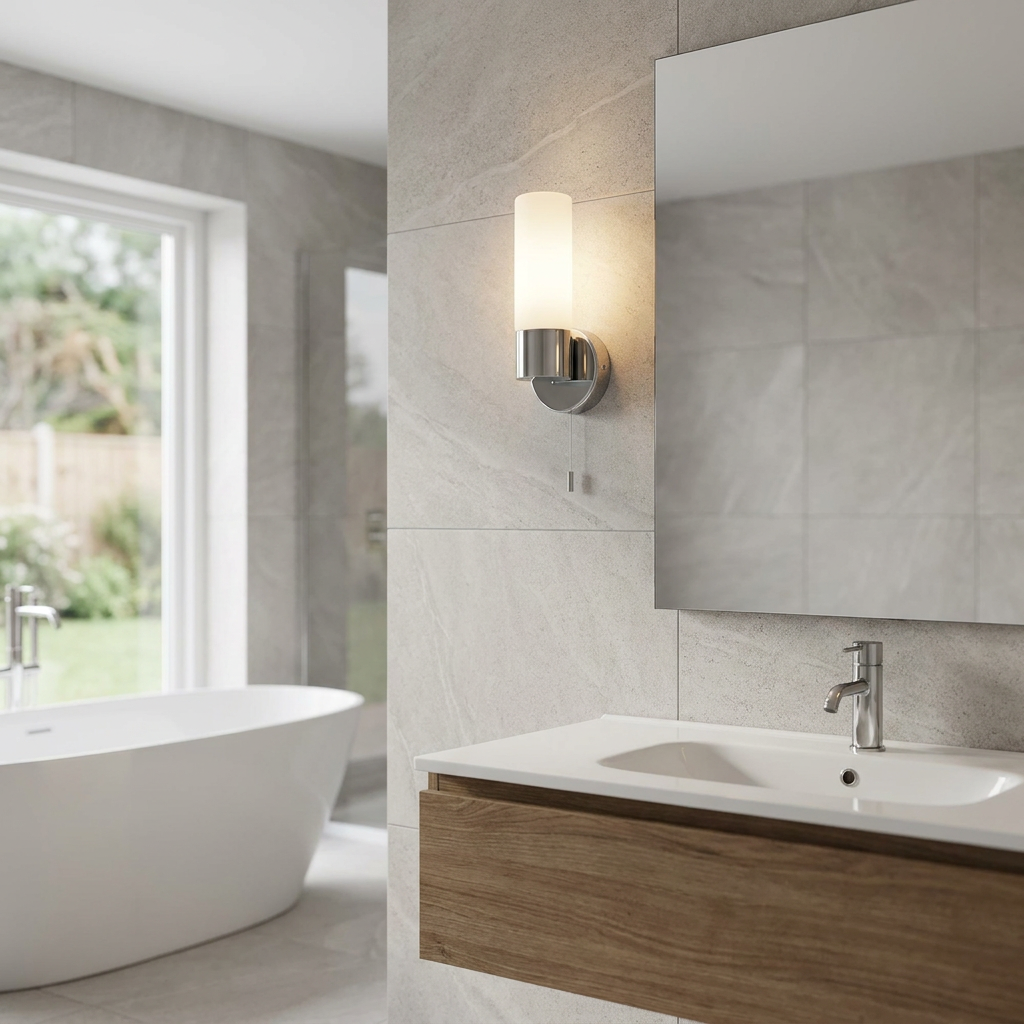 Cylindrical opal glass bathroom wall light with chrome base and pull cord on a grey tiled wall beside a mirror.