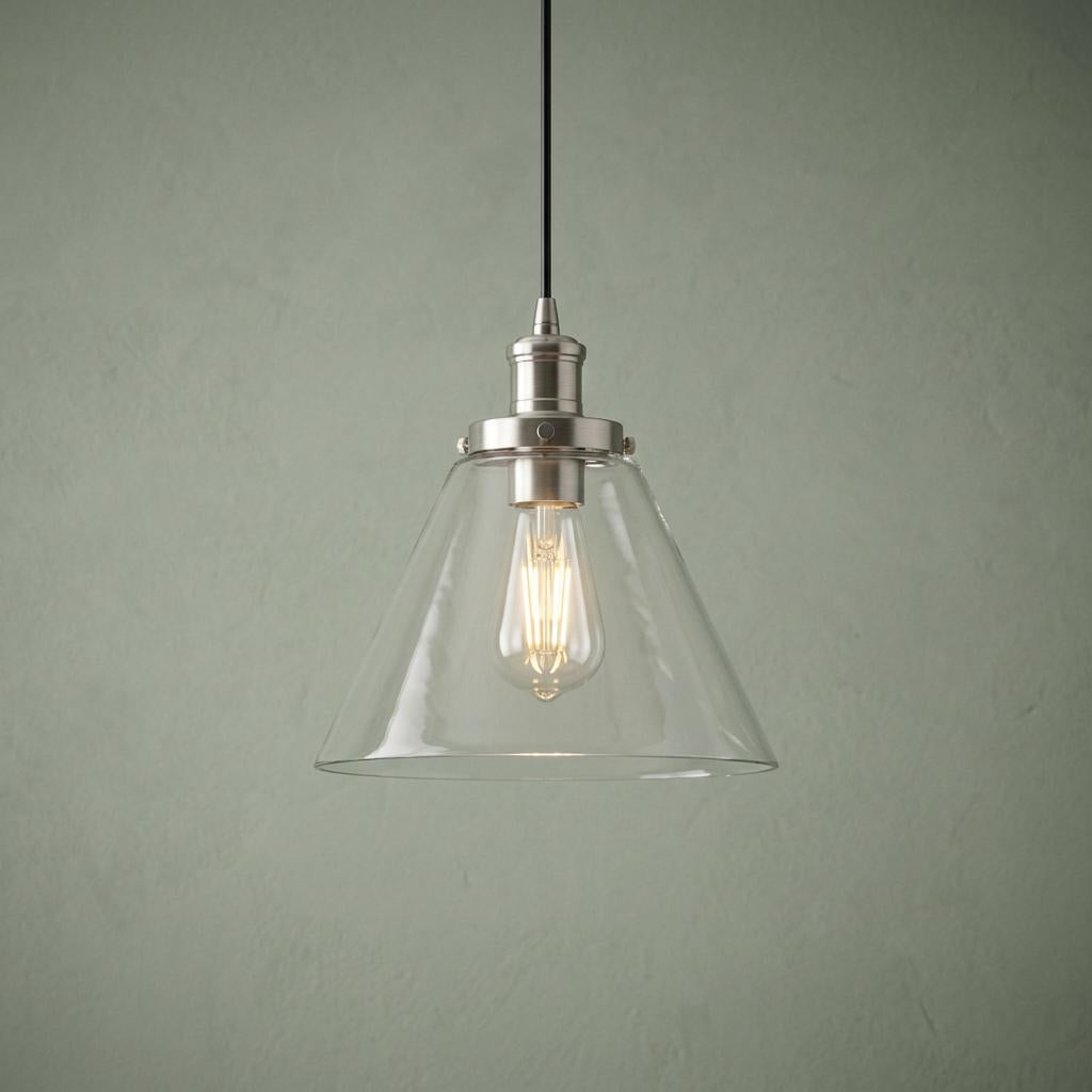 Pyramid-shaped clear glass pendant light with a silver fixture and illuminated Edison bulb against a green wall.